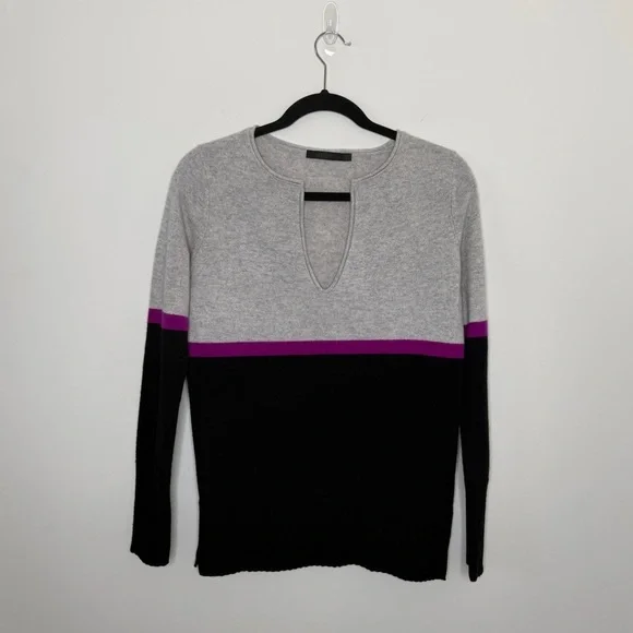 RAFFI 100% Cashmere Women Sweater ColorBlock Preppy Clueless Gray Black Magenta - Picture 2 of 12